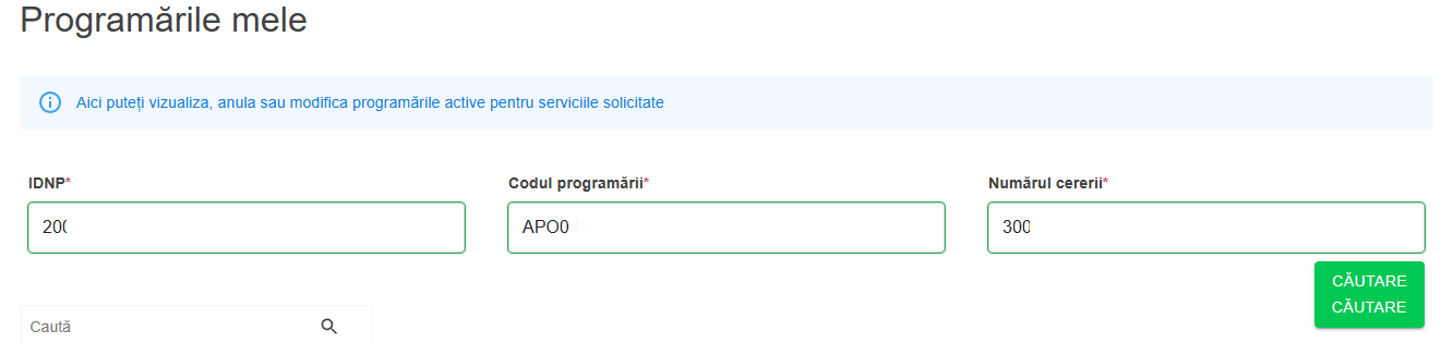 Formular ASP cu câmpurile IDNP, Cod programare și Număr cerere completate